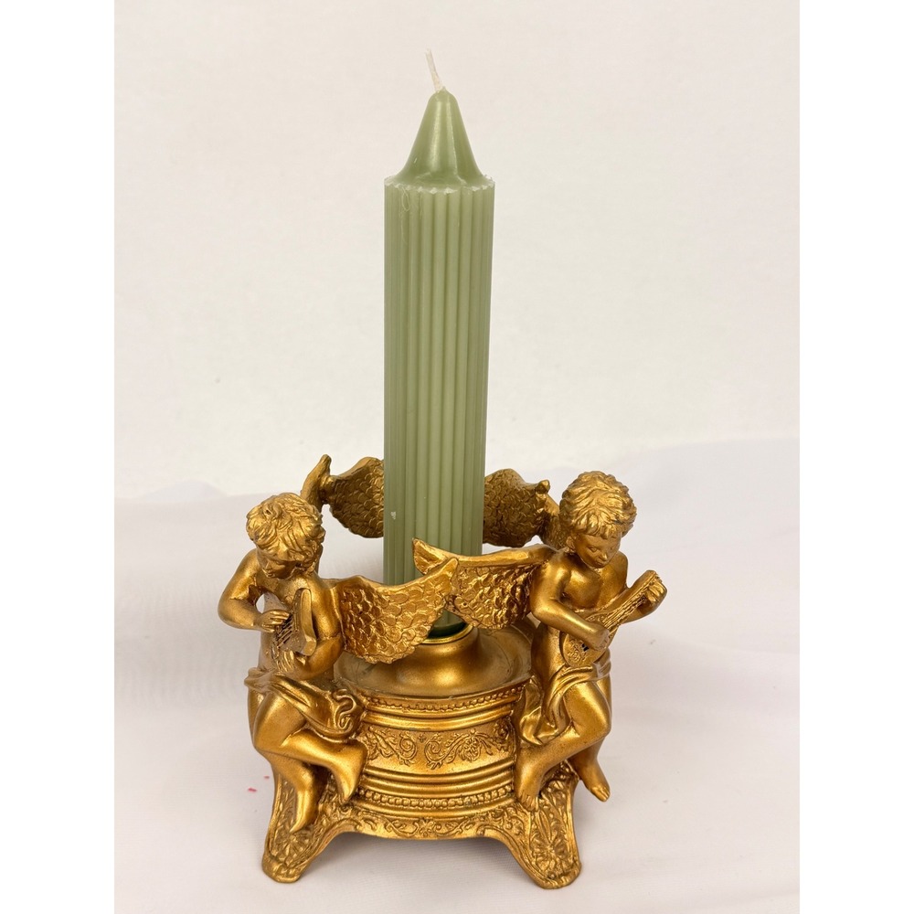 Vintage Gold Resin Cherub Candle Holder Three Musical Angels Taper Base 4.5 Inch